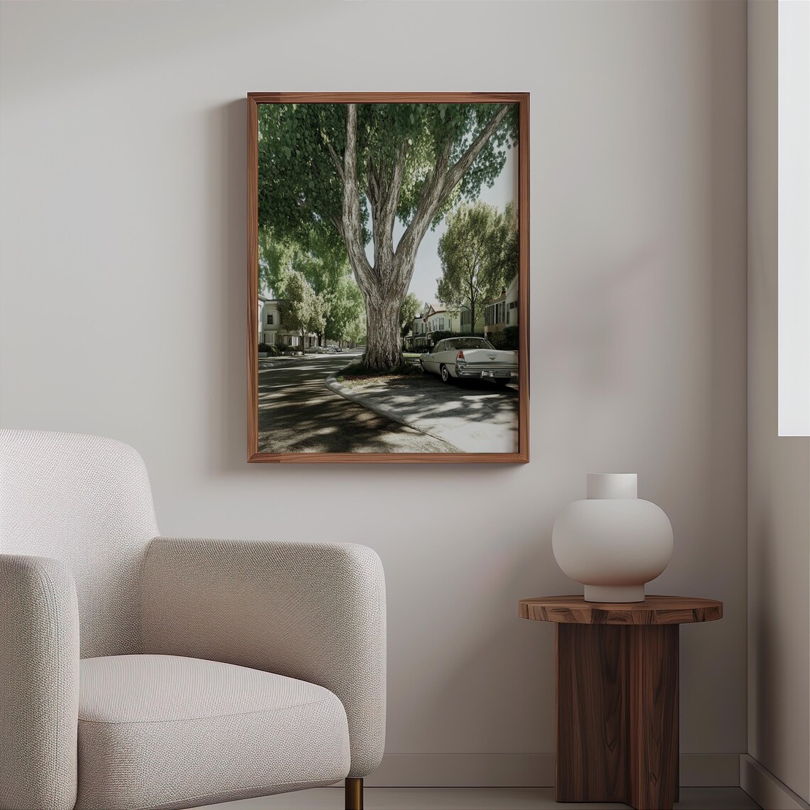 White Vintage Sedan Tree Lined Street Sepia Photorealistic Art Poster - Image 2
