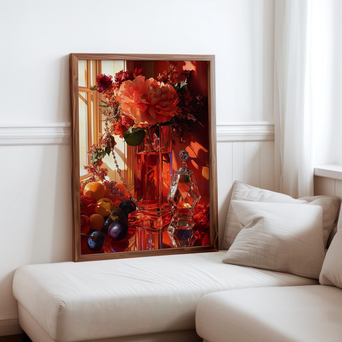 Red Glass Vase Peonies Crystal Perfume Bottle Still Life Print
