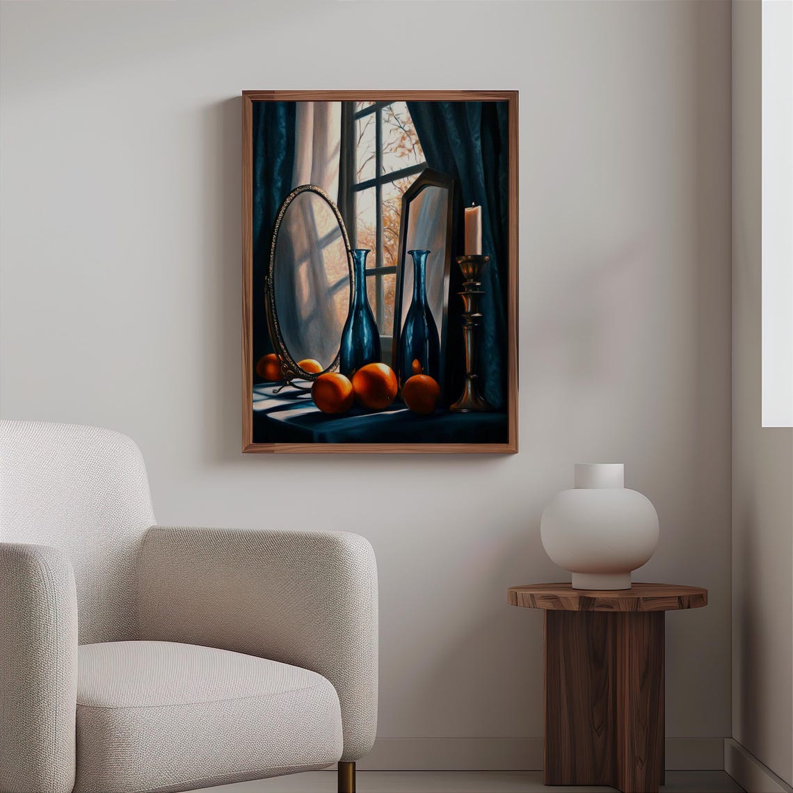 Audrey Flack Inspired Blue Bottles Oranges Candle Still Life Art Print - Image 2