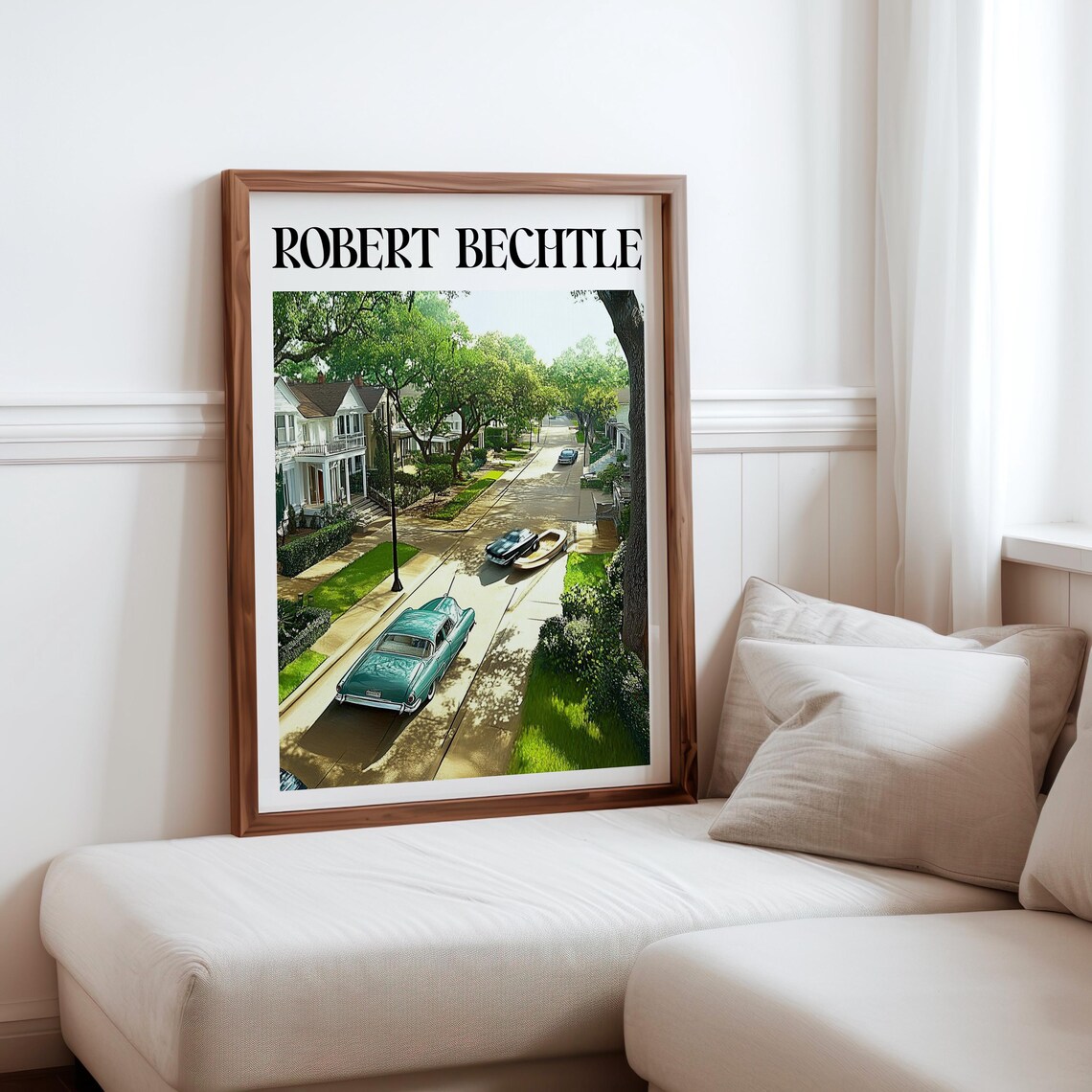 Green Vintage Sedan Suburban Street Photorealism Americana Art Poster