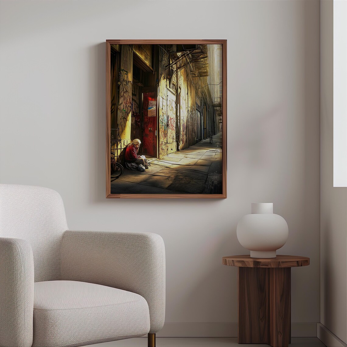 Woman Red Door Graffiti Alley Golden Sunlight Photorealism Poster - Image 2