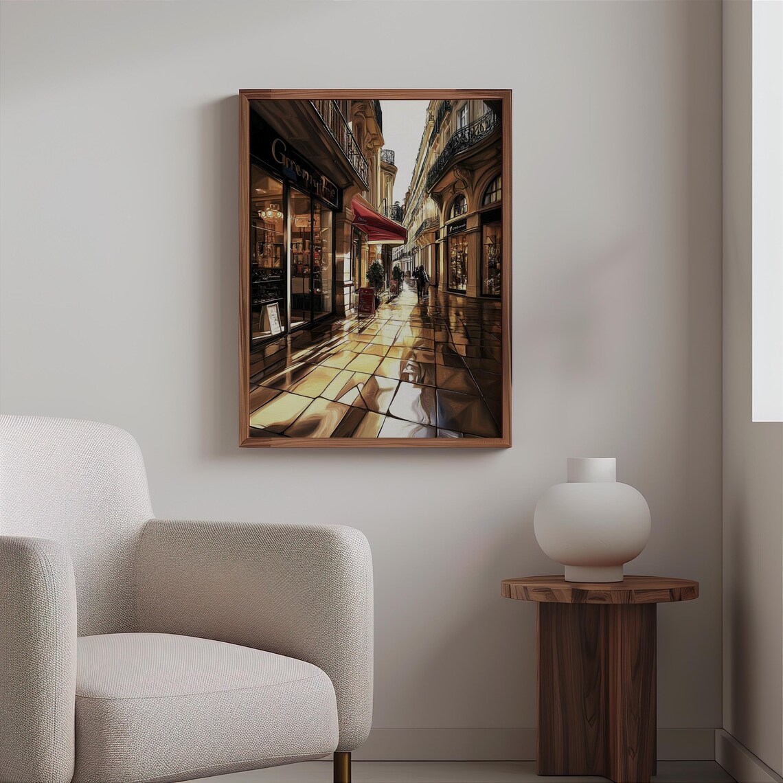 Paris Street Golden Hour Boutique Awning Wet Pavement Art Poster - Image 2