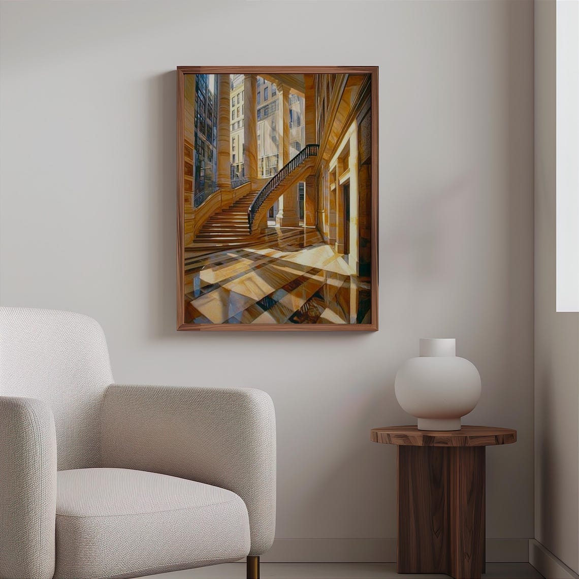 Sunlit City Staircase Reflective Marble Floor Photorealism Wall Art - Image 2