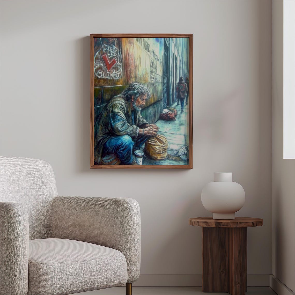 Elderly Man Sidewalk Coffee Cup Graffiti Wall Photorealism Poster - Image 2