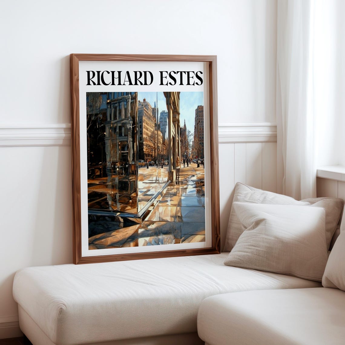 Chrome Pillar Wet Plaza Corner Building Reflections Art Poster