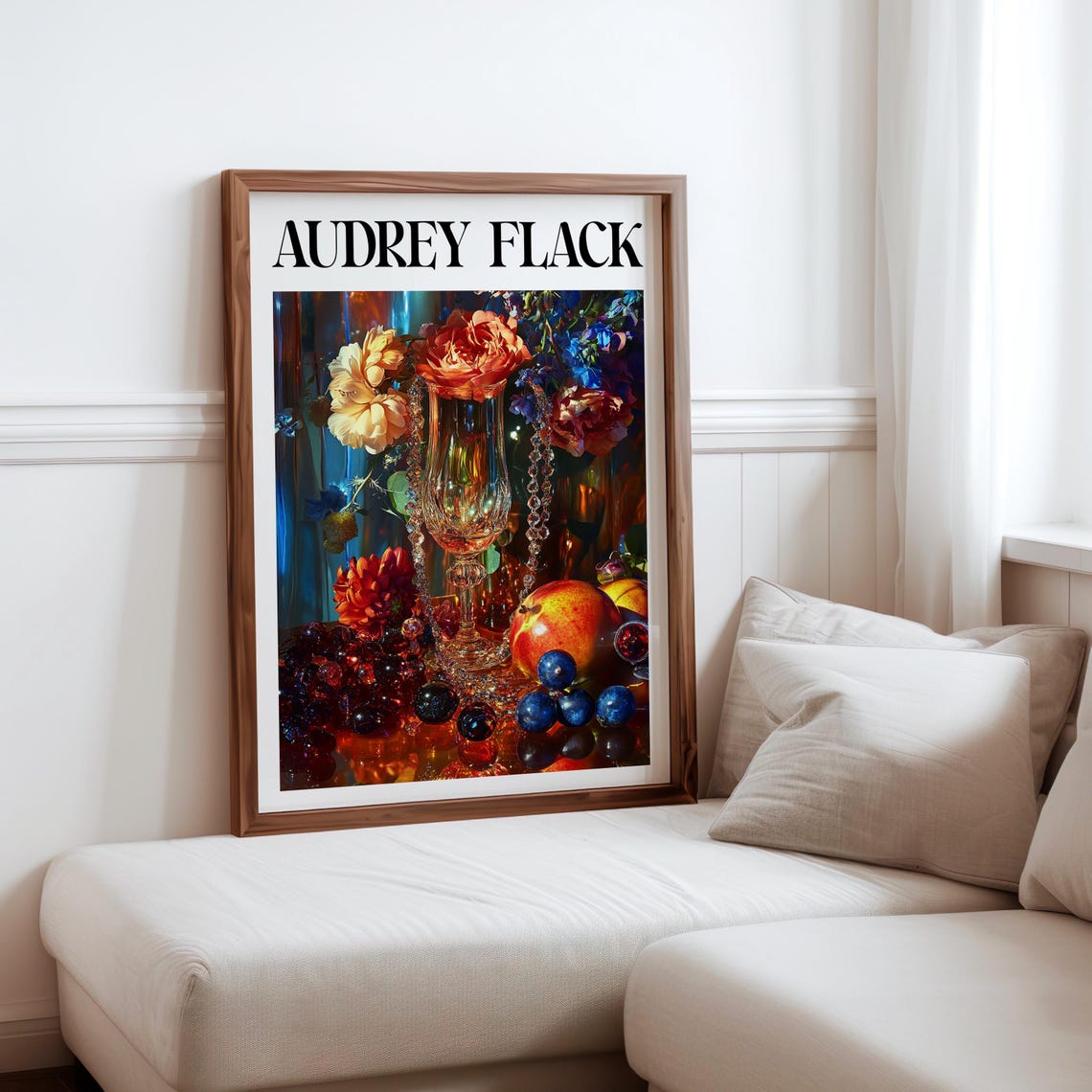 Audrey Flack Tall Vase Roses Grapes Chain Night Glow Still Life Print