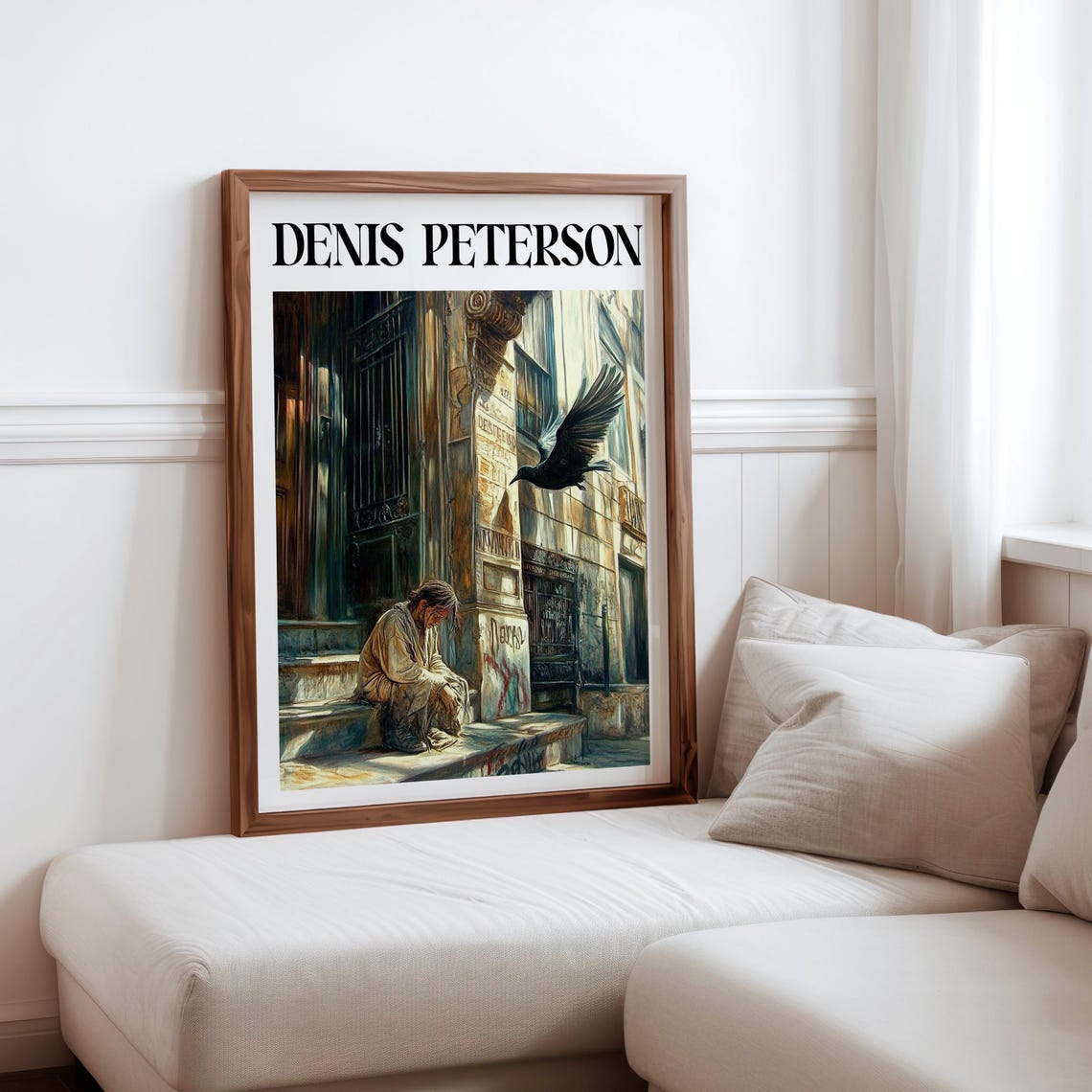 Denis Peterson Man Sitting Stone Stoop Flying Bird Painting Art Poster