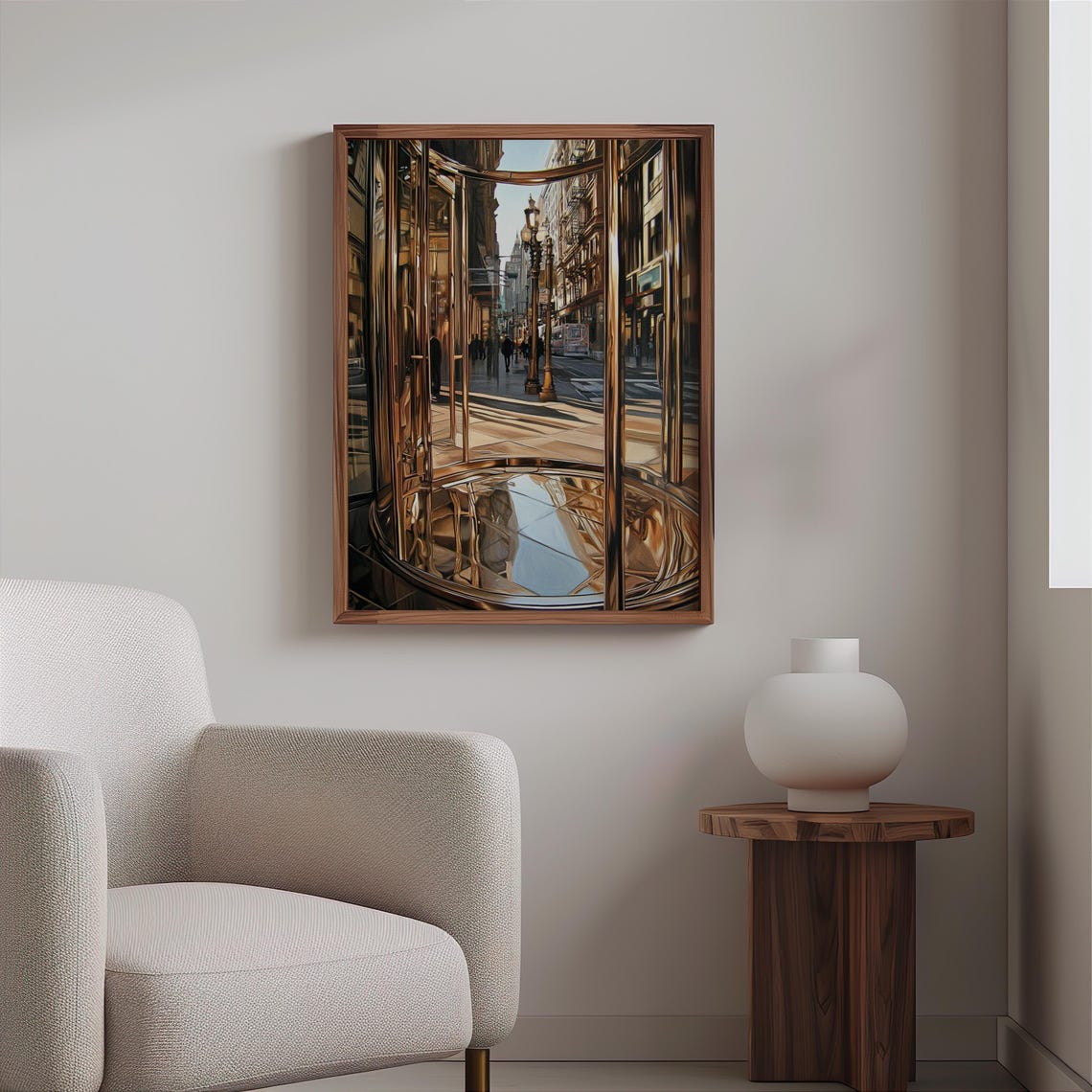 Photorealistic Brass Revolving Doors Reflecting Busy Street Poster - Image 2