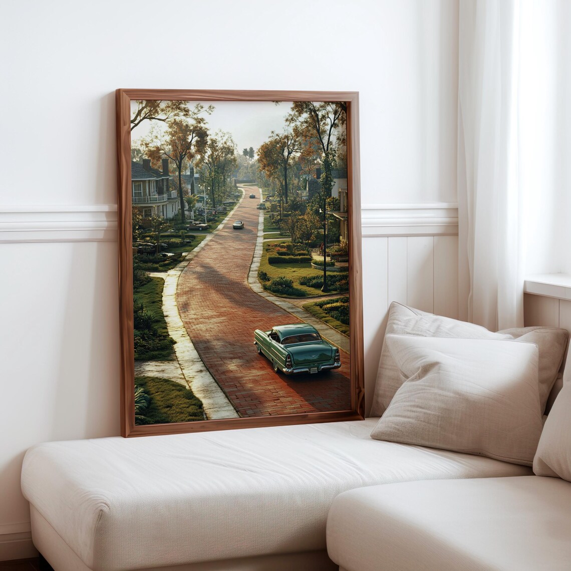 Golden Hour Brick Suburban Street Teal Vintage Sedan Art Poster