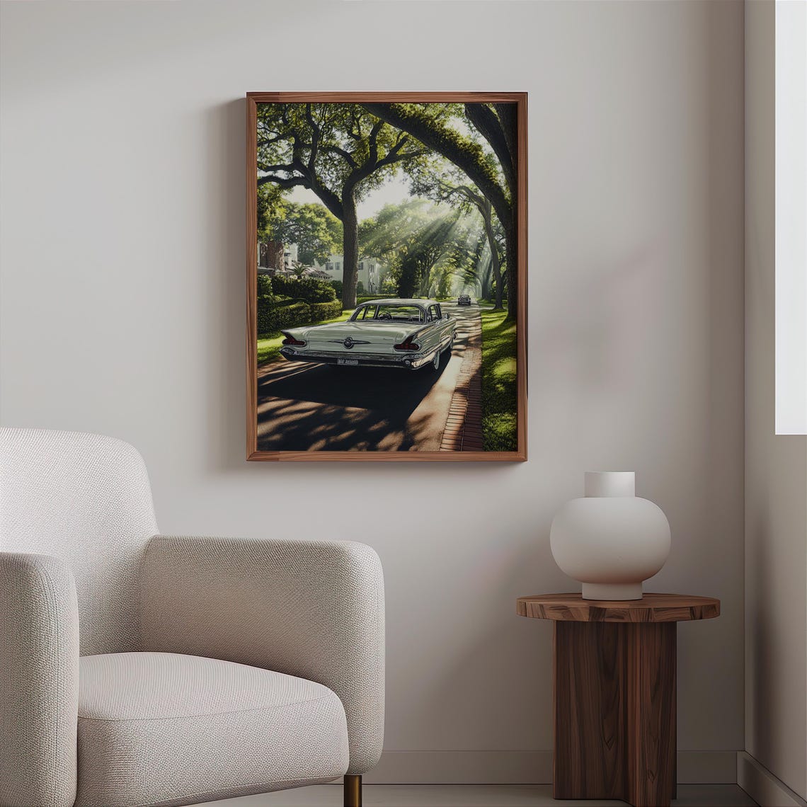 Photorealistic White Vintage Sedan Shady Oak Avenue Drive Poster - Image 2