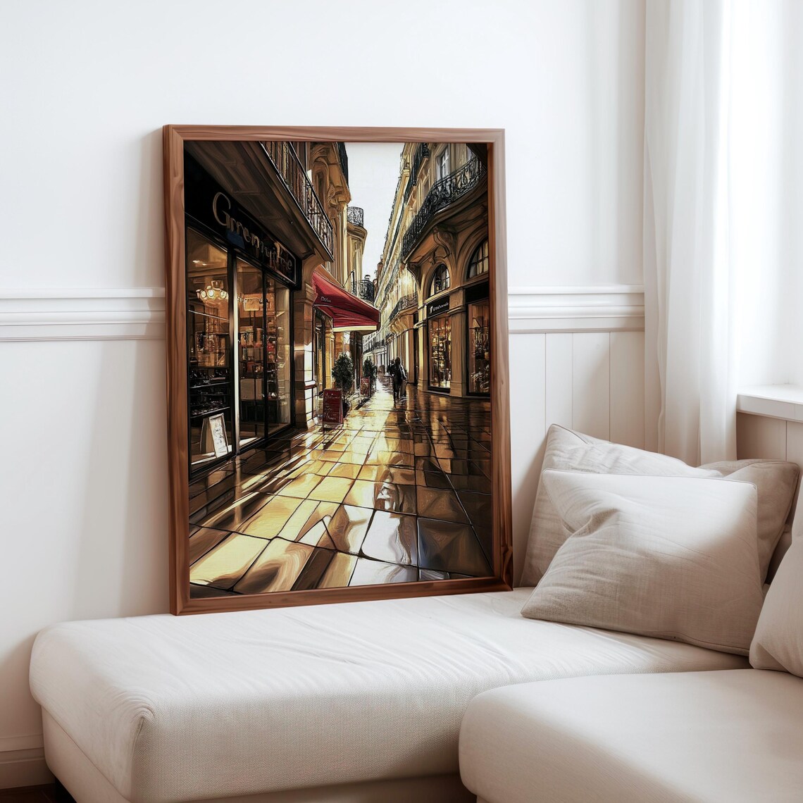 Paris Street Golden Hour Boutique Awning Wet Pavement Art Poster