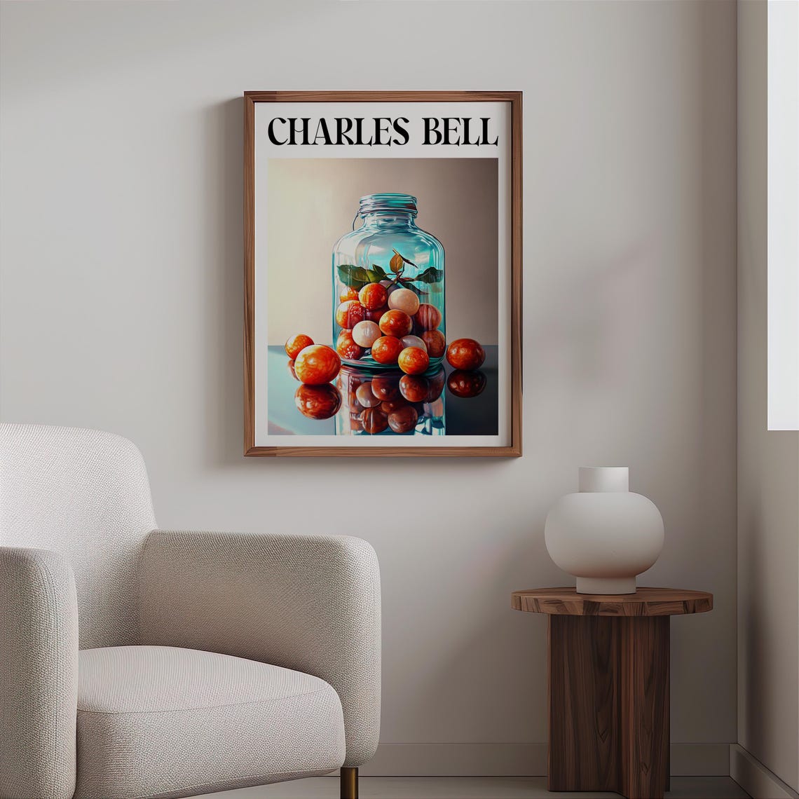 Charles Bell Inspired Blue Mason Jar Orange Gumballs Leaf Art Poster - Image 2
