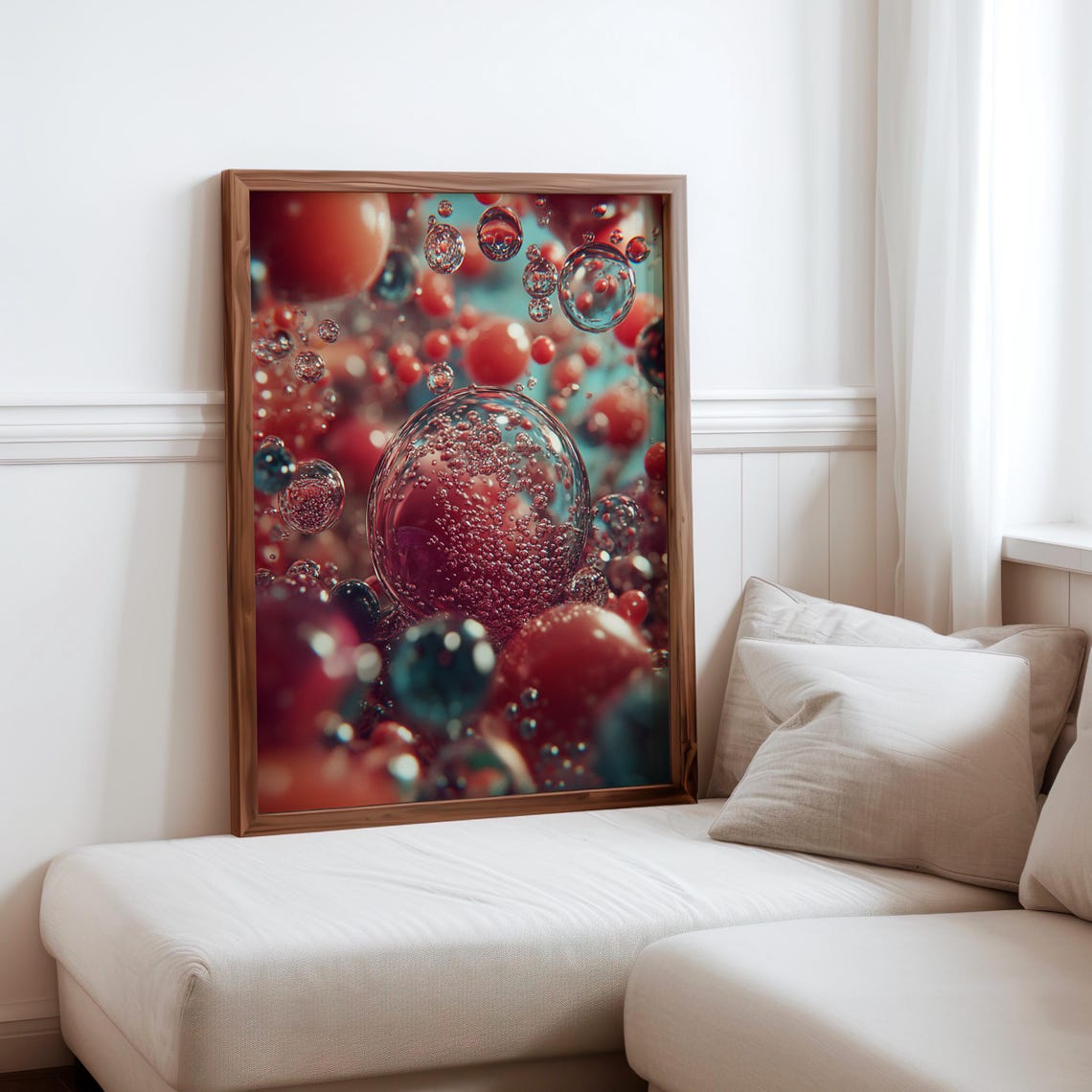 Red Teal Glass Bubbles Macro Fizzy Abstract Liquid Modern Art Poster