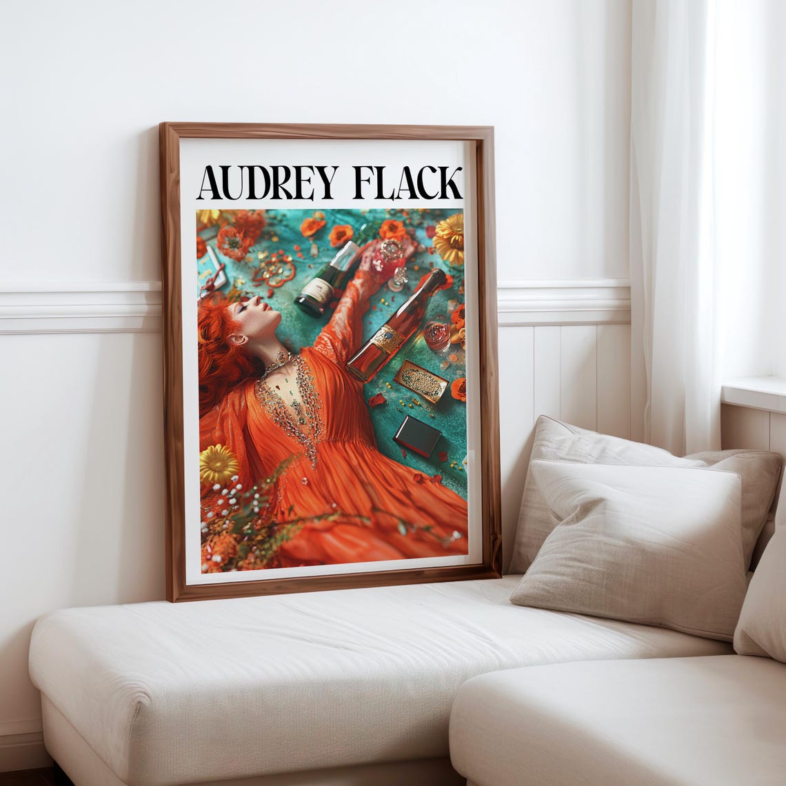 Audrey Flack Redhead Orange Gown Wine Bottles Flowers Art Poster