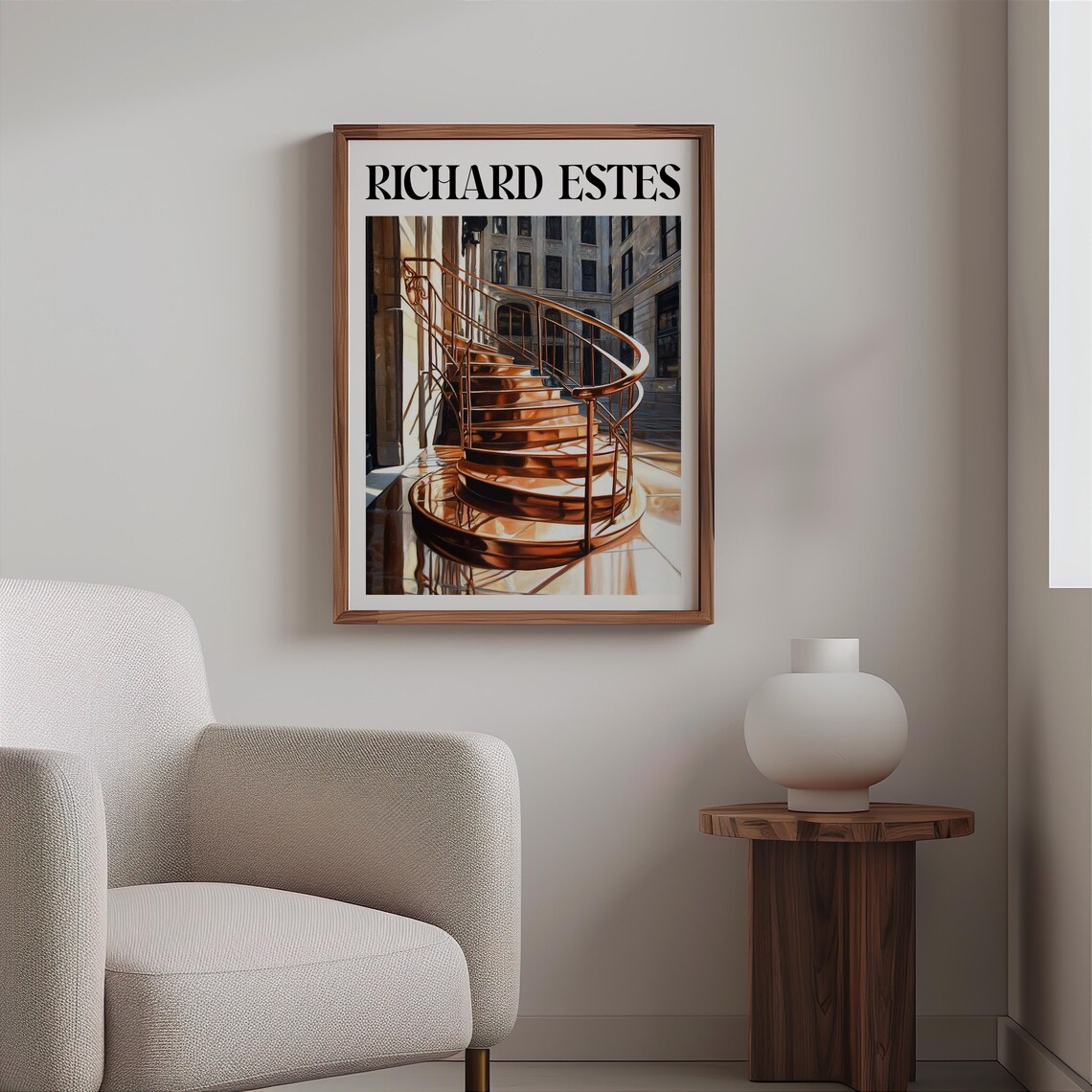 Golden Spiral Staircase Sunlit Stone Facades Photorealism Art Poster - Image 2