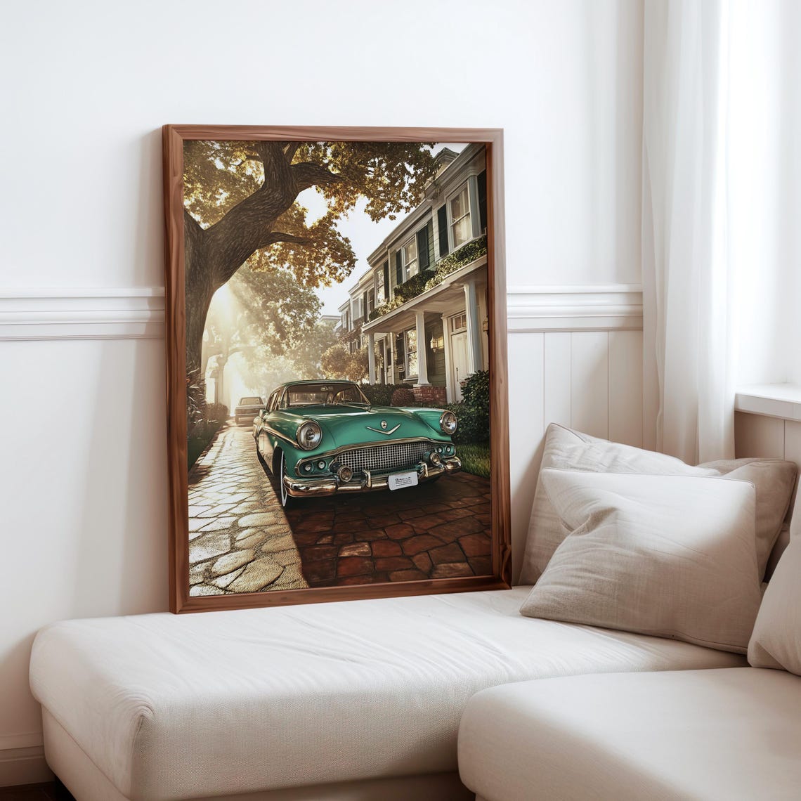 Teal 1950s Sedan Cobblestone Street Morning Light Photorealism Poster