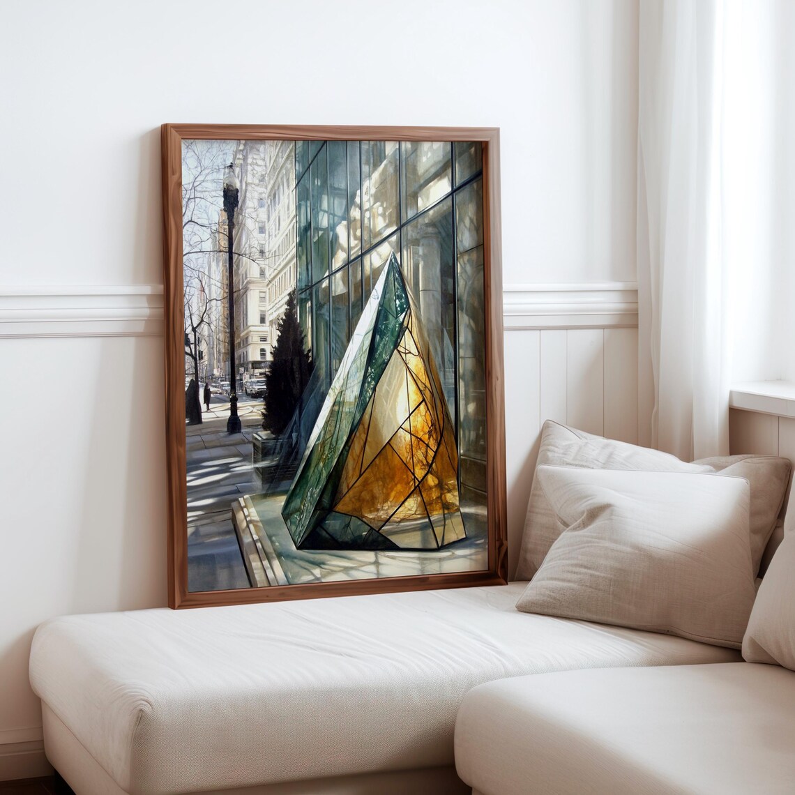 Photorealistic Faceted Glass Pyramid Sculpture City Sidewalk Poster