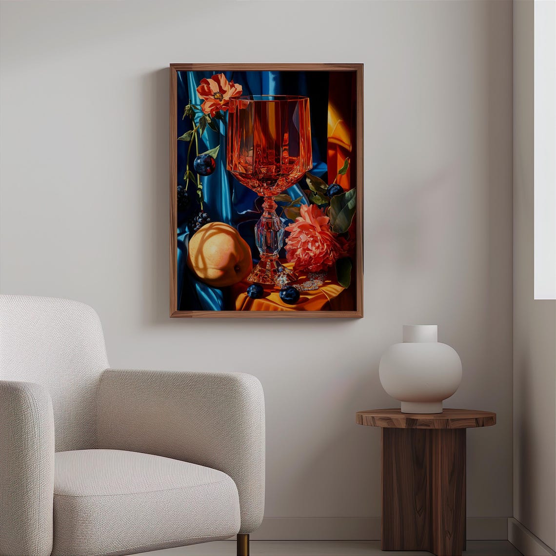 Large Amber Goblet Peonies Peach Blue Satin Still Life Art Print - Image 2