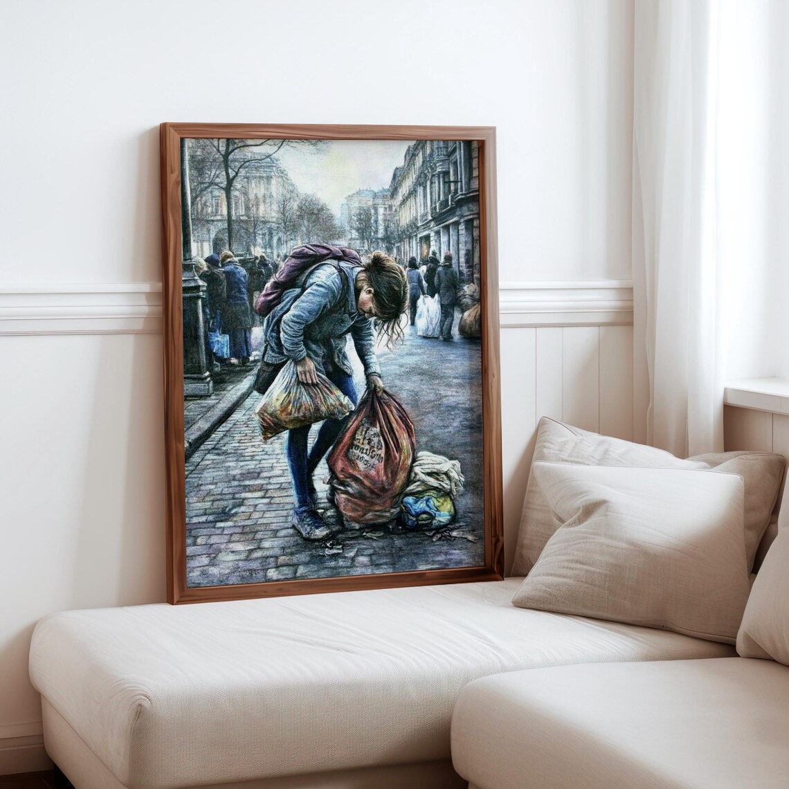 Woman Carrying Heavy Bags Cobblestone Street Emotive Art Poster