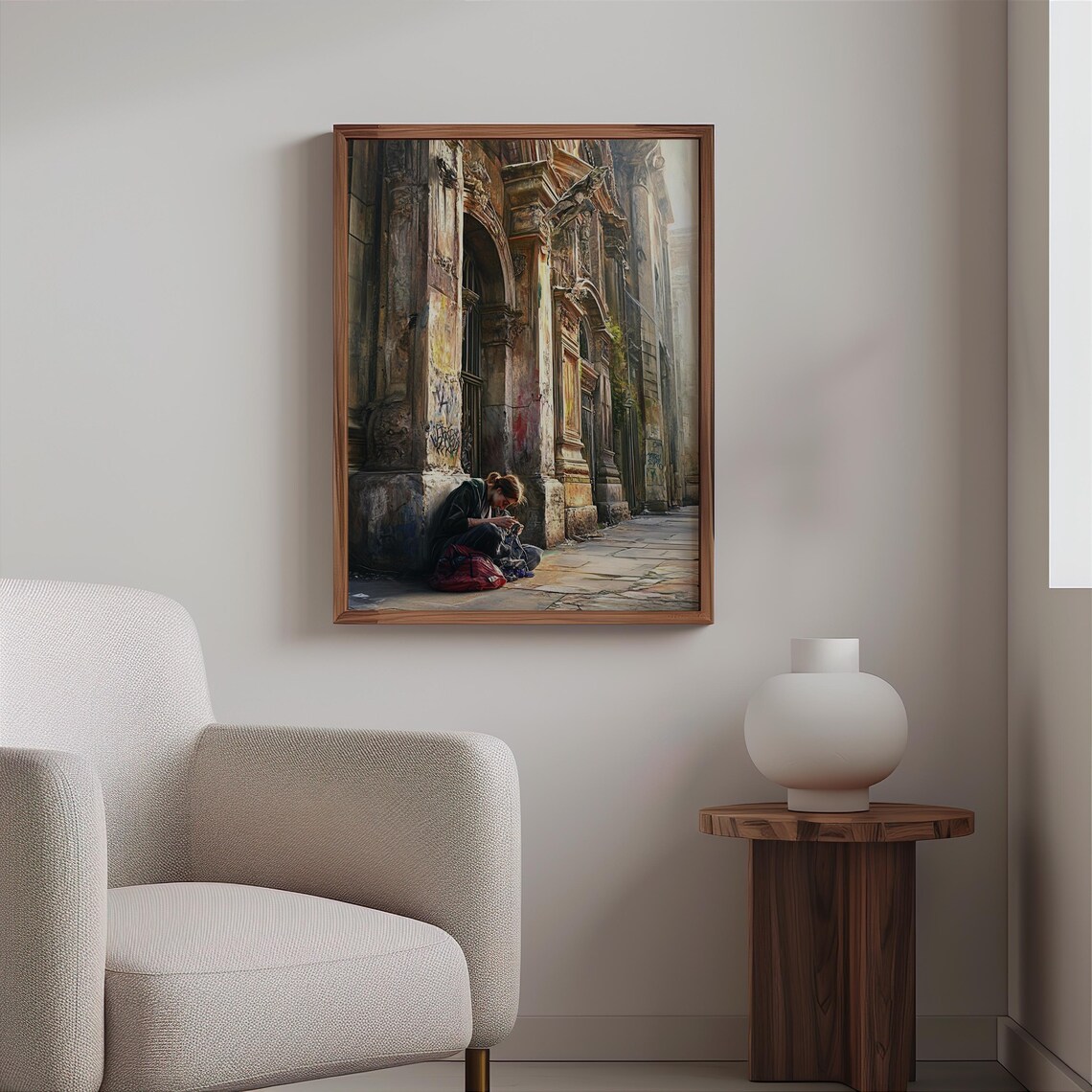 Sunlit Historic Facade Sewing Woman Warm Urban Street Realism Poster - Image 2