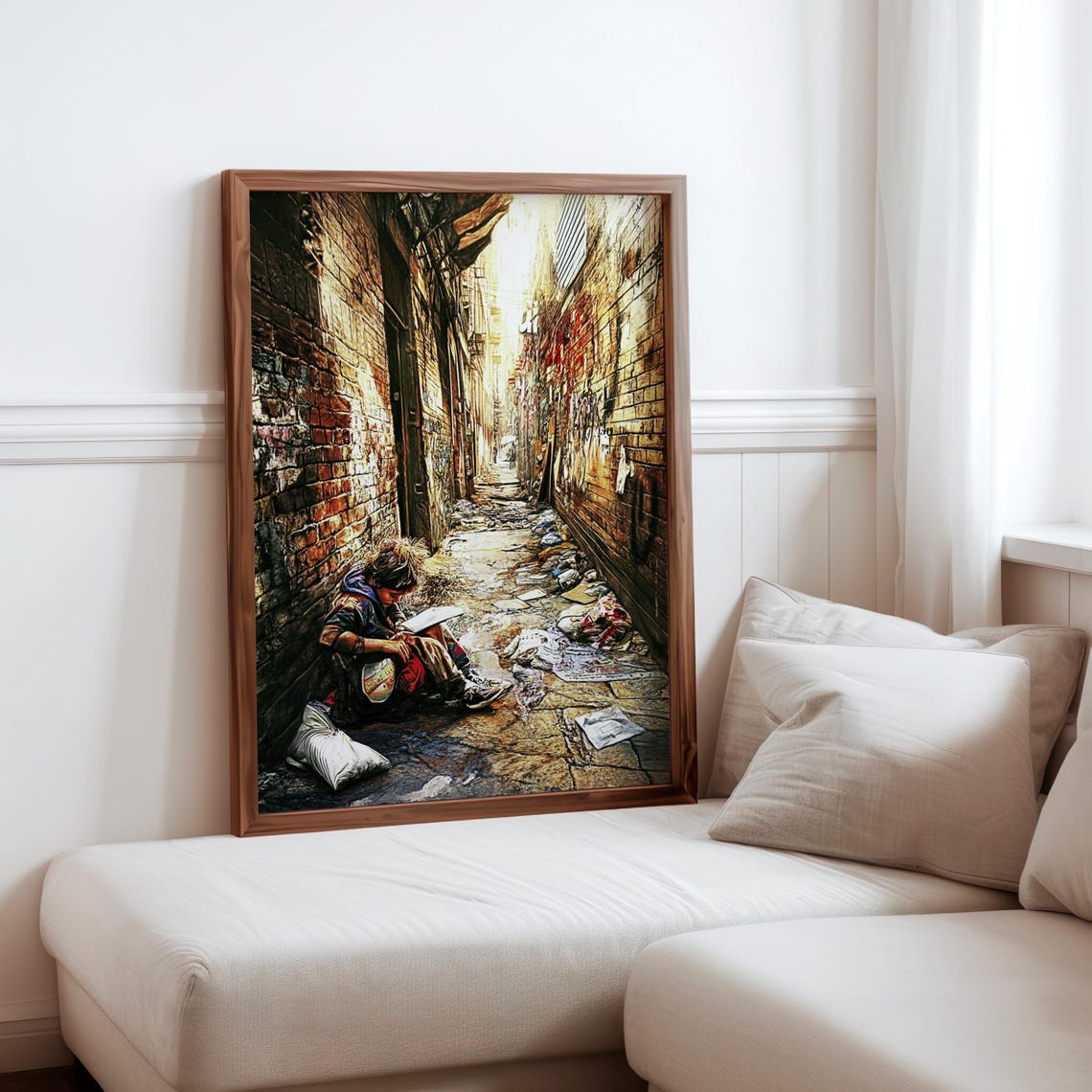 Alley Child Reading Book Gritty Brick Wall Photorealism Poster