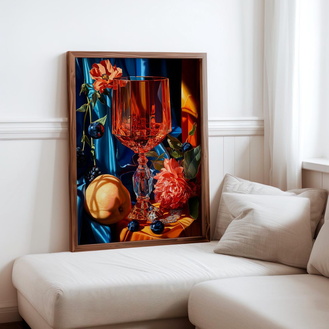 Large Amber Goblet Peonies Peach Blue Satin Still Life Art Print