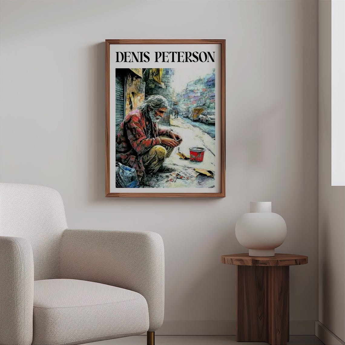 Denis Peterson Old Man Crouching Sidewalk Panhandler Art Poster - Image 2