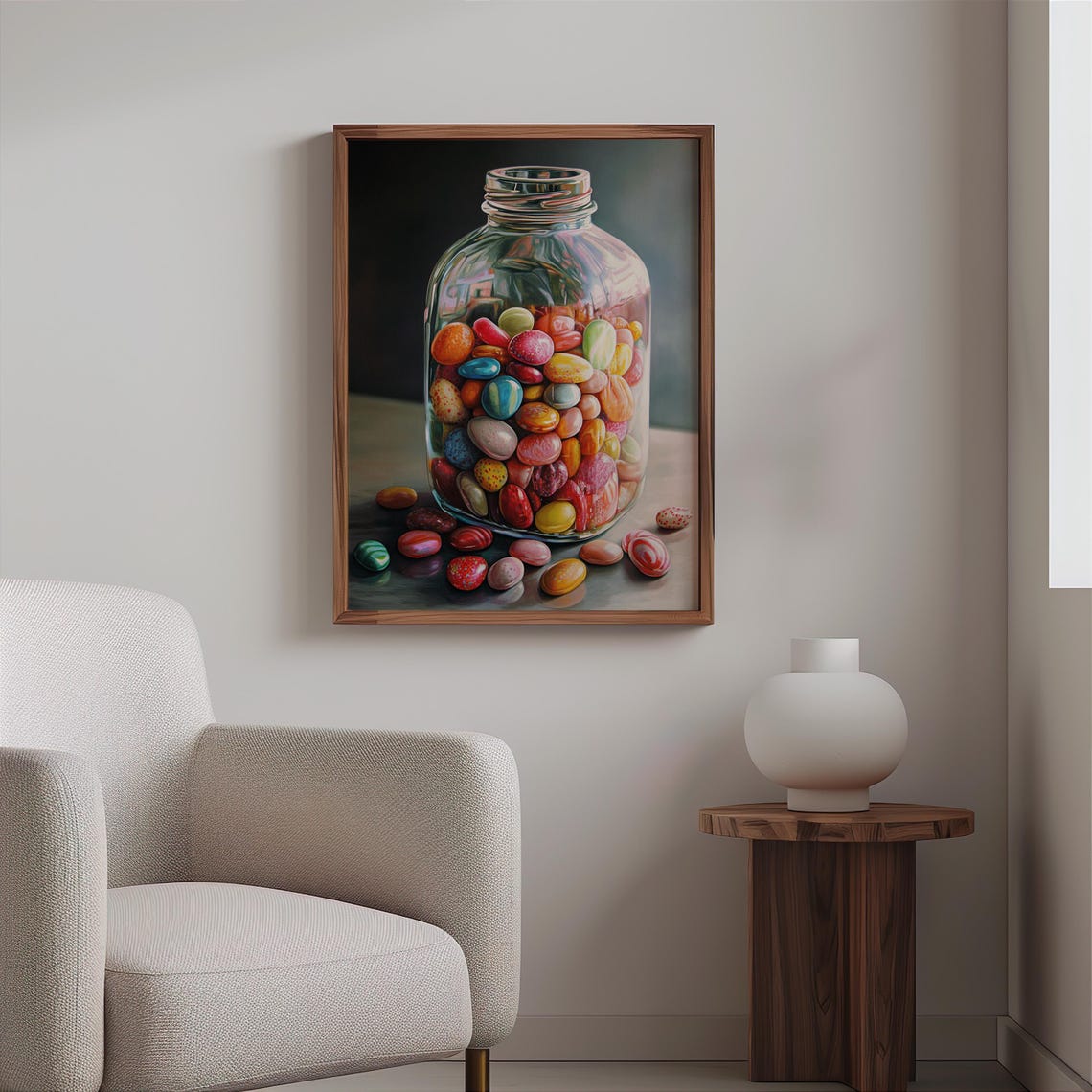 Open Jar Jelly Beans Spilled Table Dark Still Life Photorealism Print - Image 2