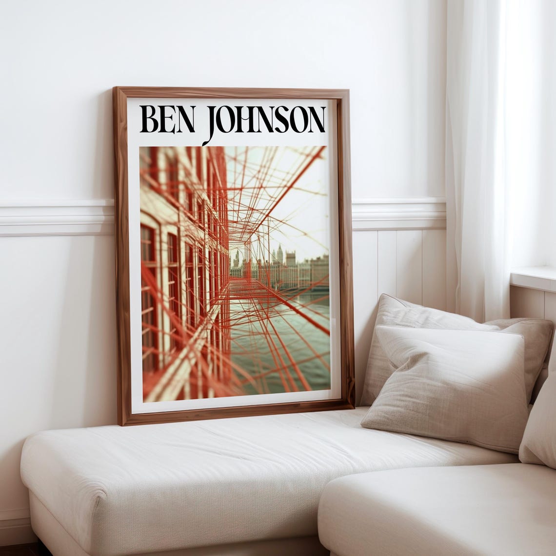 Ben Johnson Inspired Red Steel Bridge Cables City Skyline View Poster