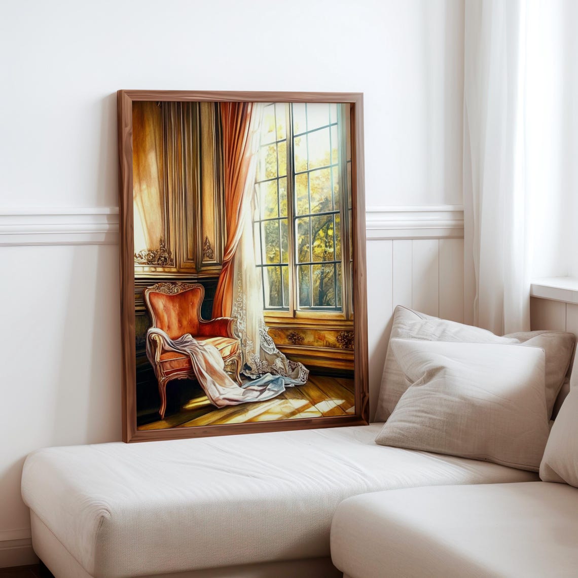 Orange Armchair Sunlit Window Classic Interior Photorealism Poster