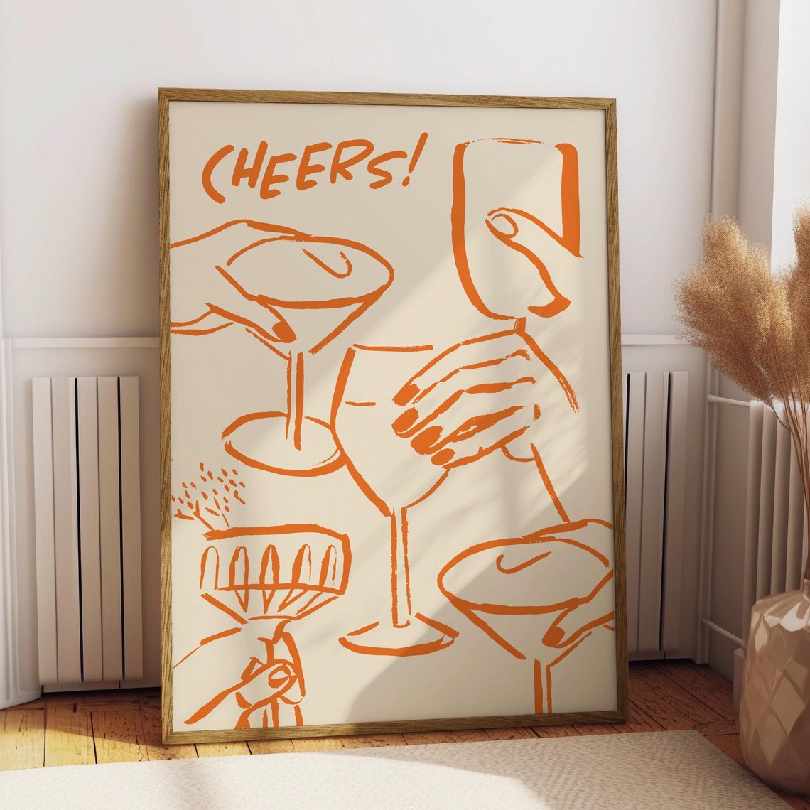 A Hand Drawn Orange Cheers Cocktail Toast Line Artwork Poster