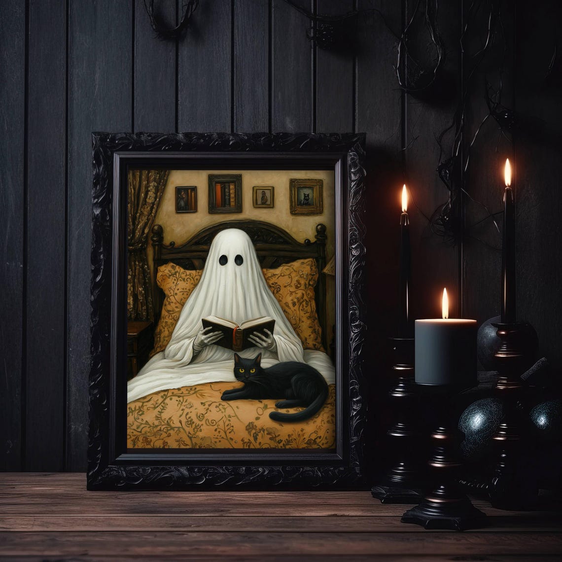 Ghost Reading In Bed With A Black Cat Funny Dark Academia Poster - Image 4