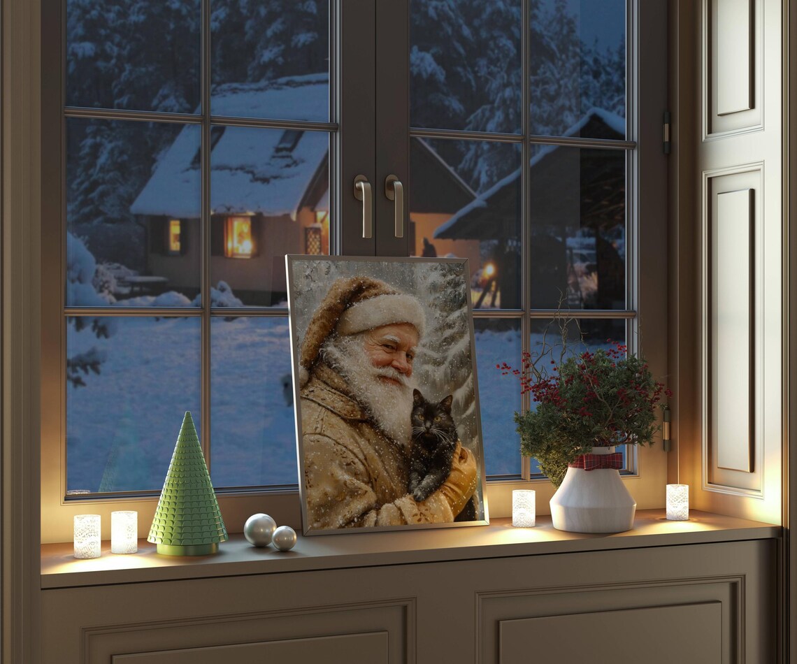 Santa Claus Gently Holding a Black Cat in a Snowy Winter Forest Poster - Image 4