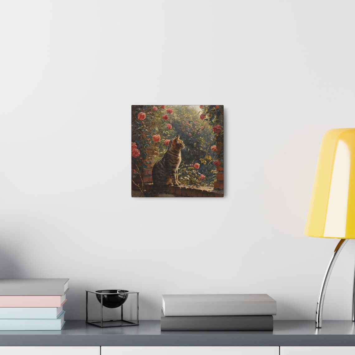Tabby Cat on Brick Wall Among Red Roses Sunlit Garden Oil Painting Poster - Image 7
