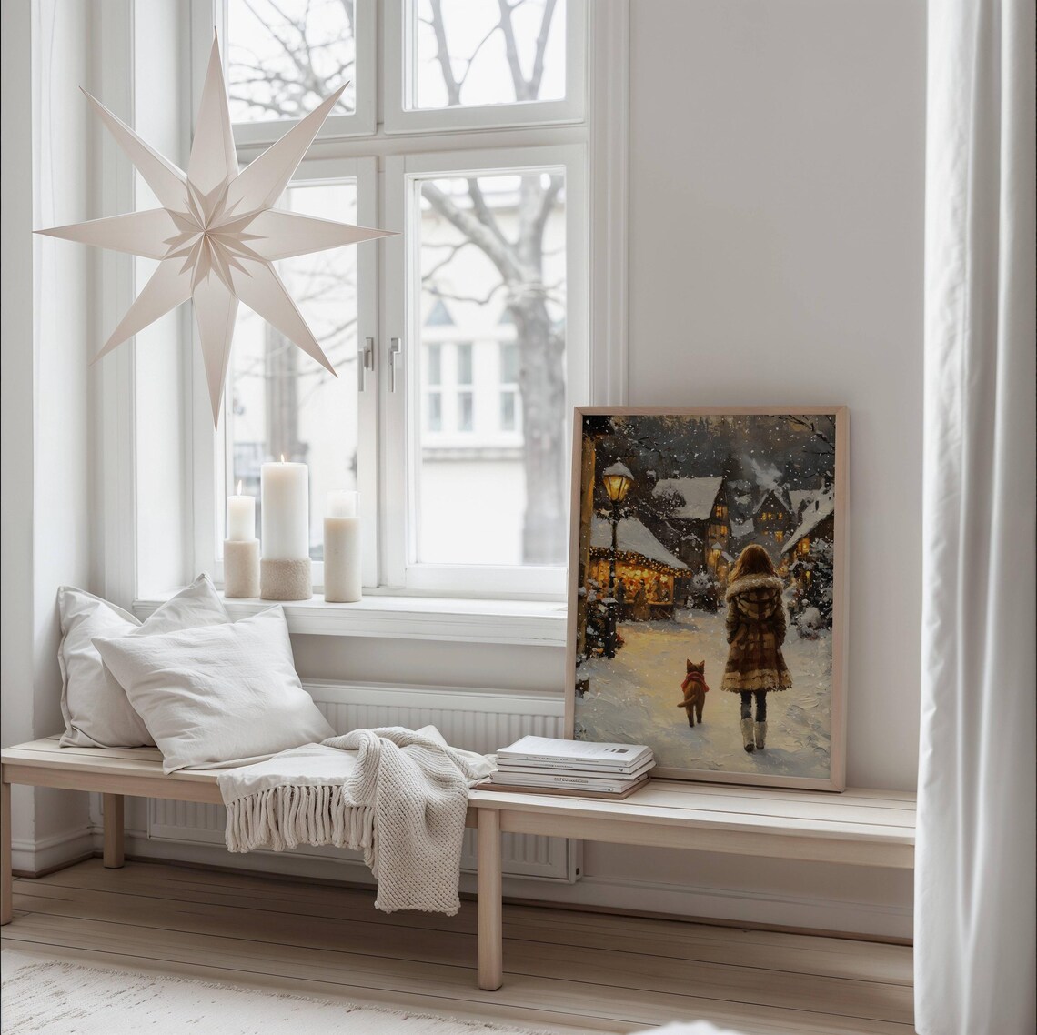Christmas Woman and Cat Walking in the Snow Art Print - Image 7