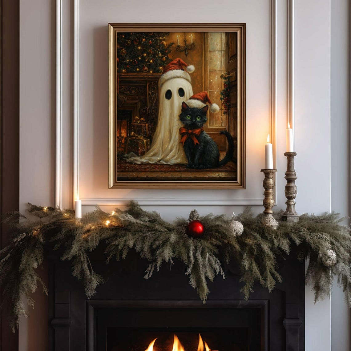 Cute Ghost and Black Cat in Santa Hats by a Fireplace Poster - Image 5