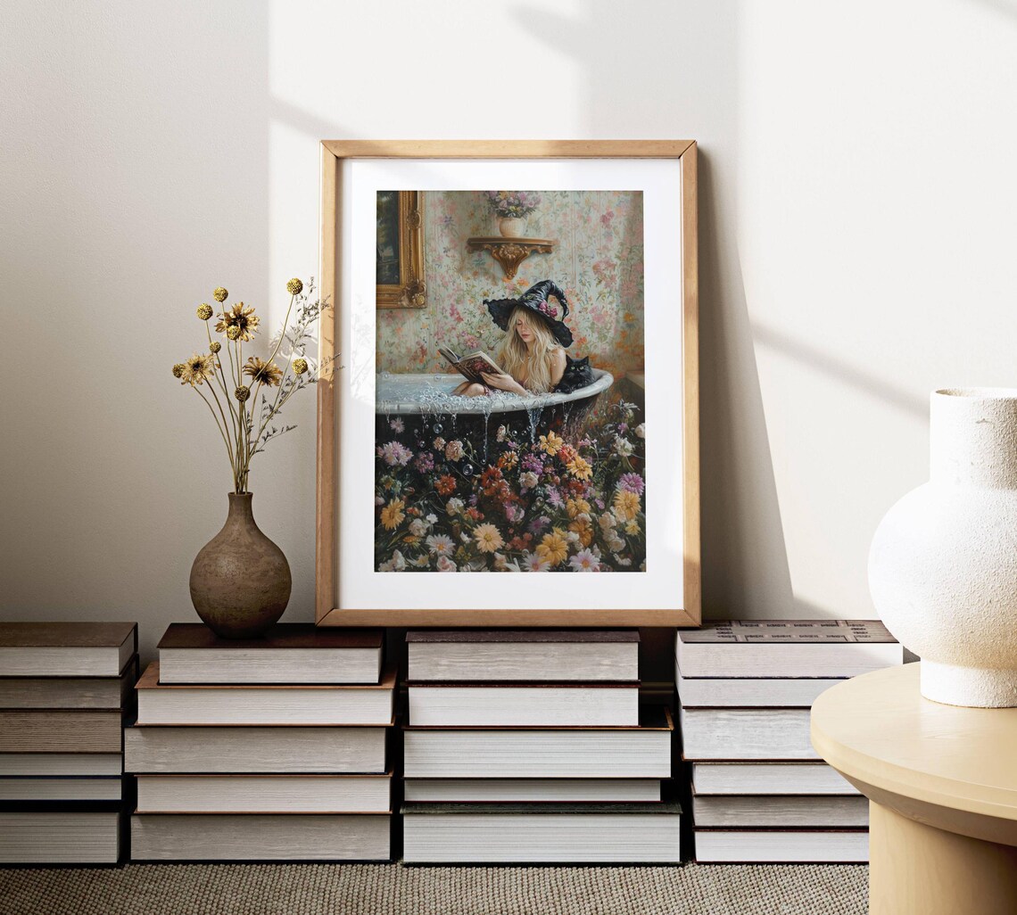 Witch Reading in Bubble Bath With Black Cat, Poster - Image 5