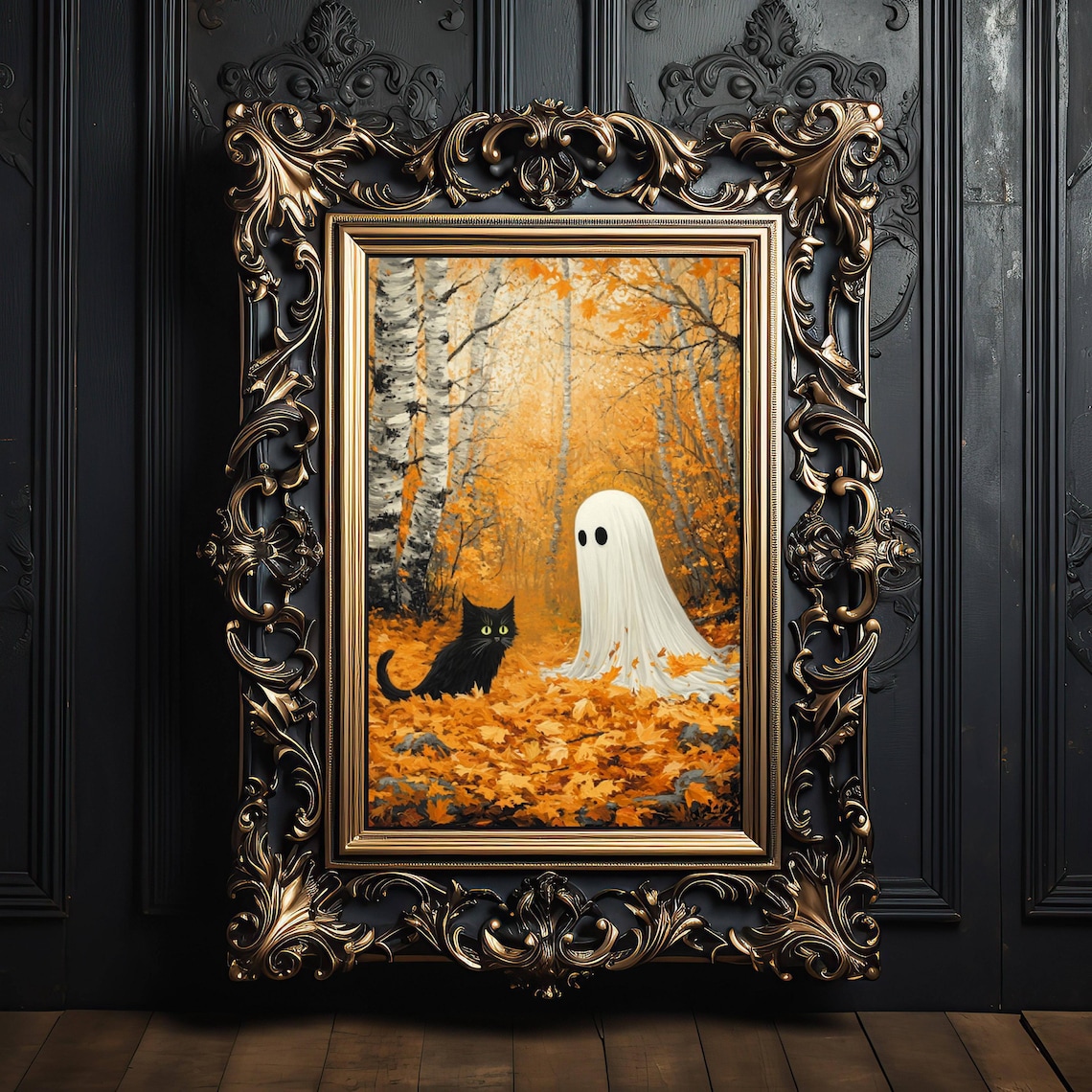 Ghost And Cat In Autumn Leaves, Whimsigoth Halloween Art Print - Image 4