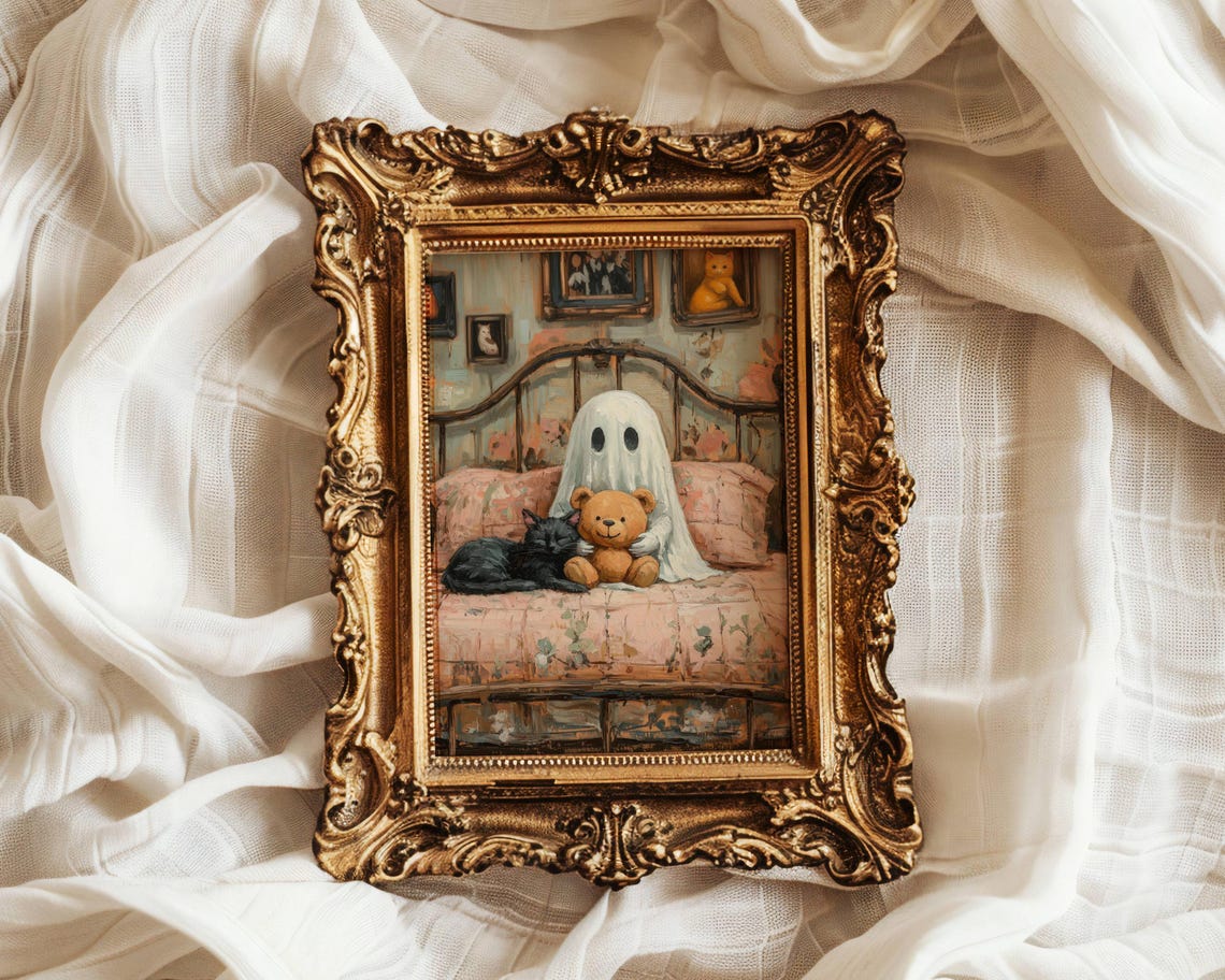 Ghost Cuddling a Teddy Bear on a Bed With a Sleeping Cat Poster - Image 4