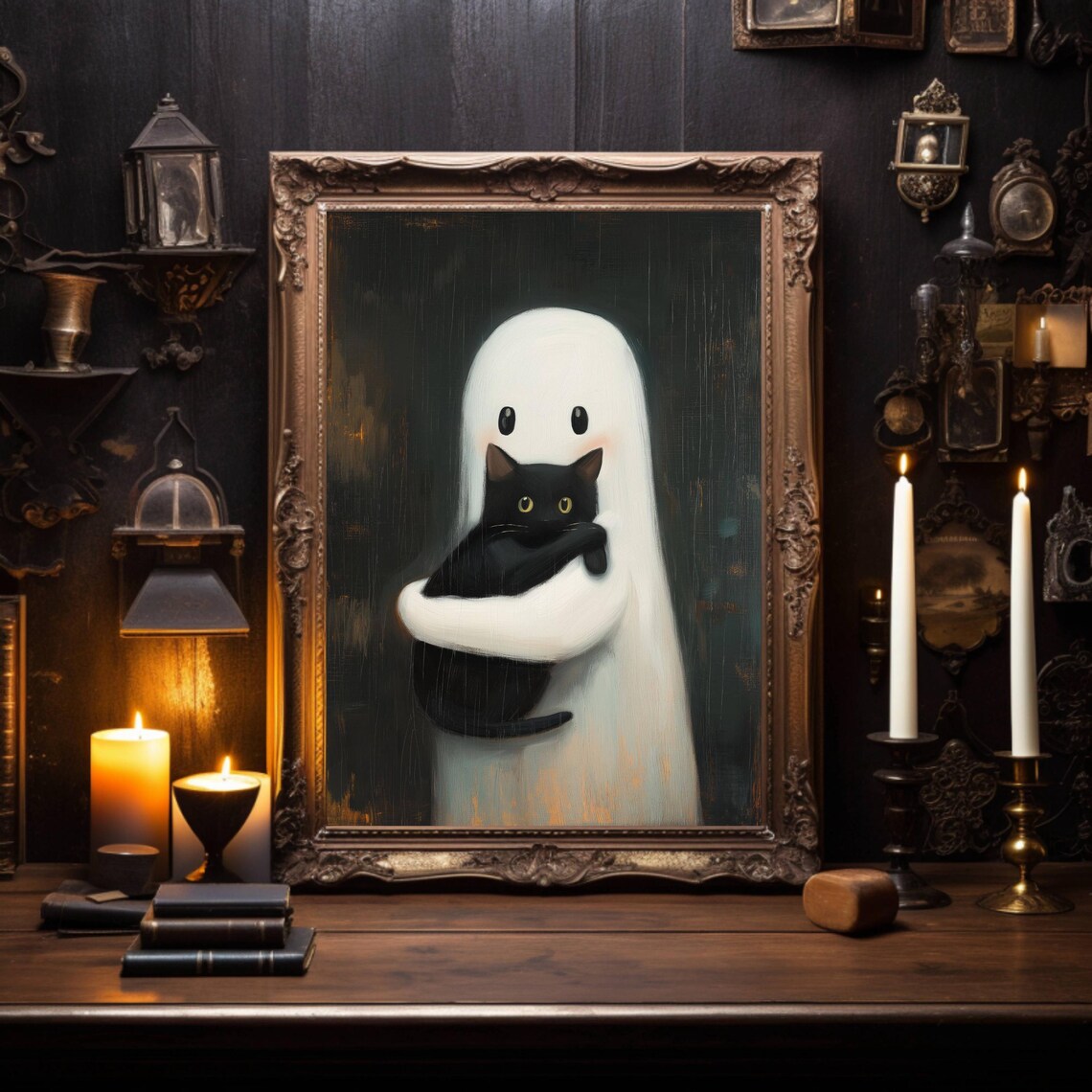 Adorable Little Ghost Hugging a Black Cat Whimsigoth Painting Style Poster - Image 3