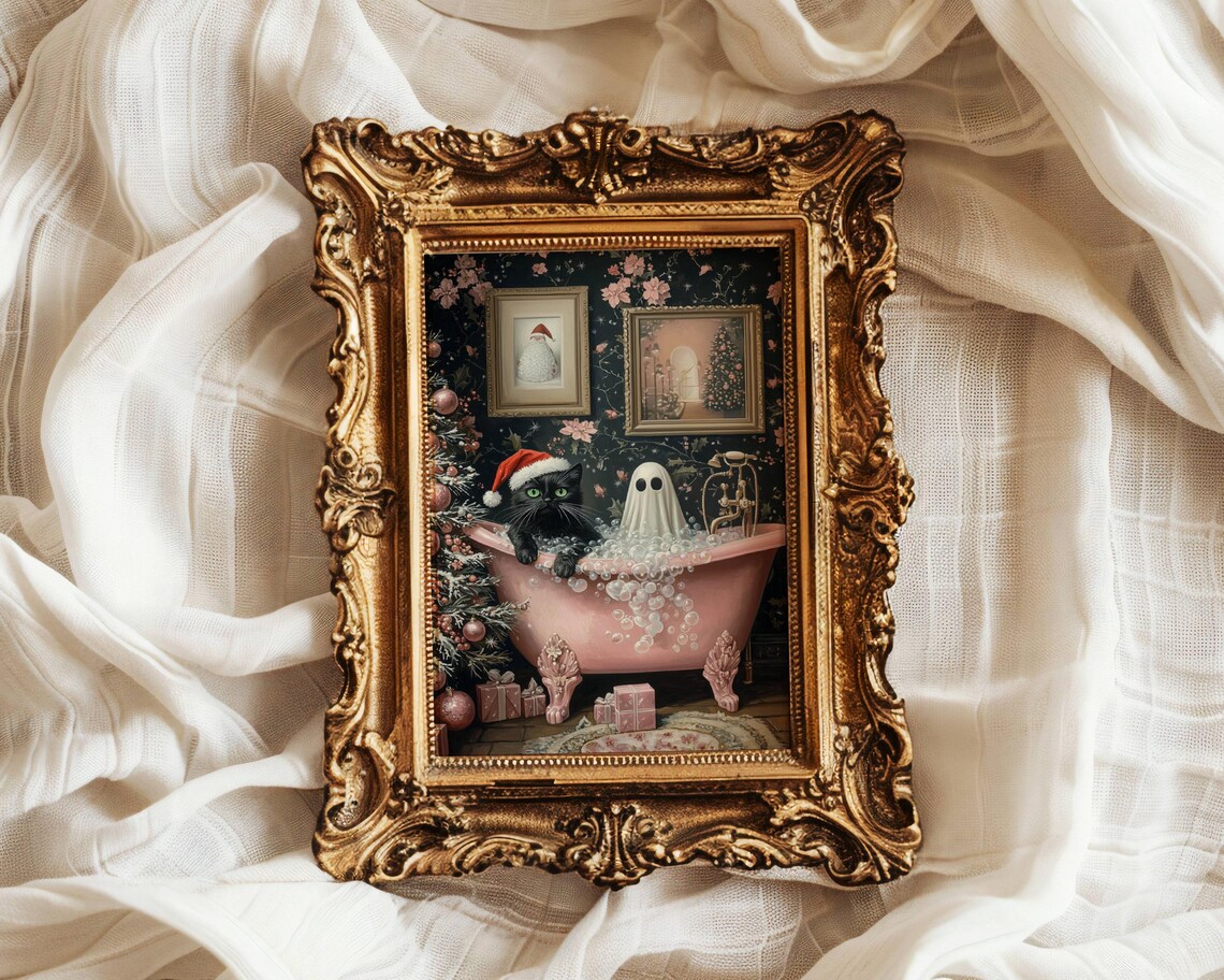 Ghost And Cat Pink Christmas Poster, Spooky Cute - Image 4
