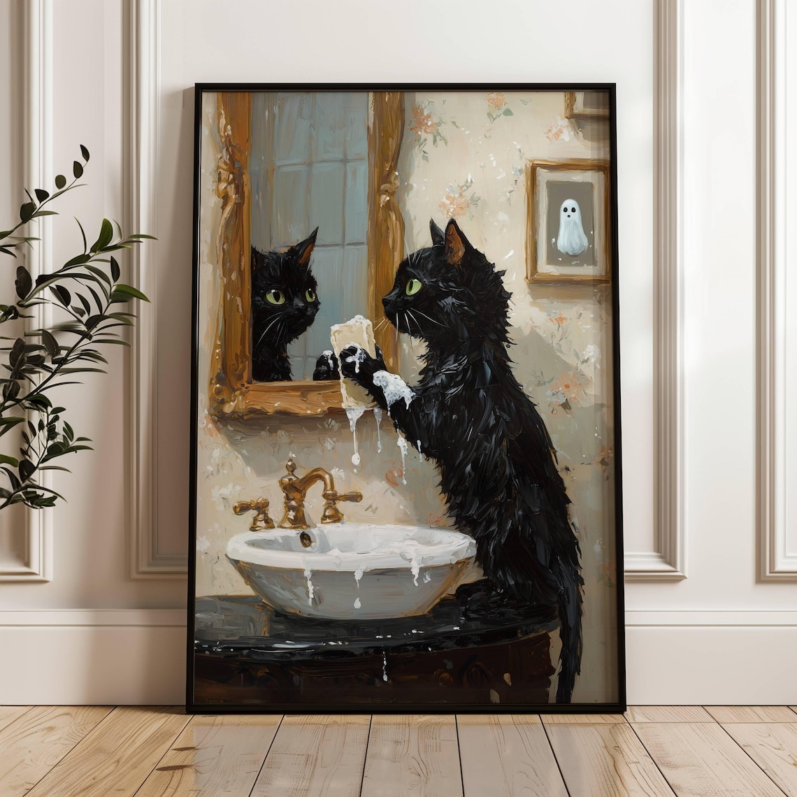 Black Cat Washing Paws In Bathroom Art Print
