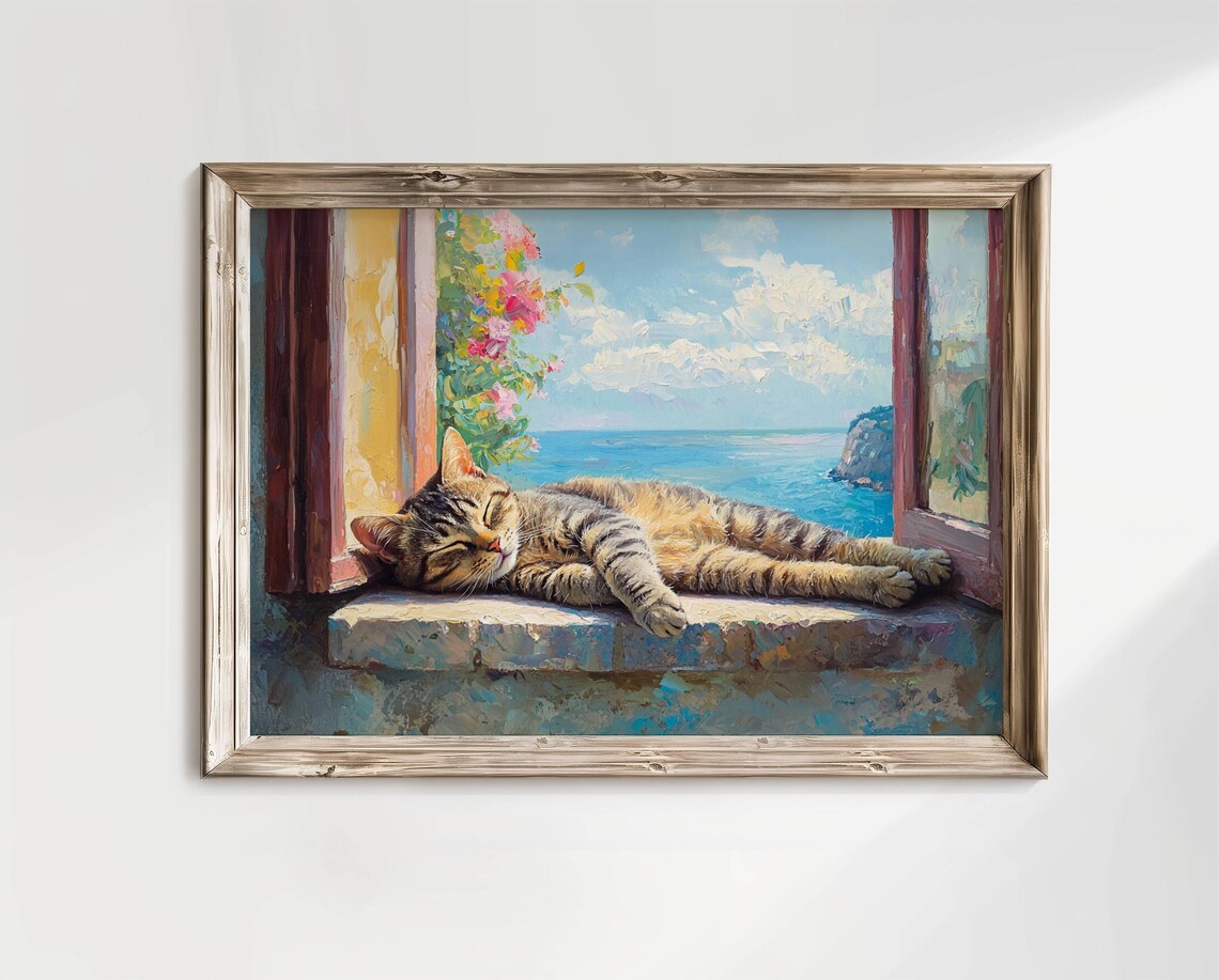 Tabby Cat on Villa Windowsill, Italian Art Print - Image 4