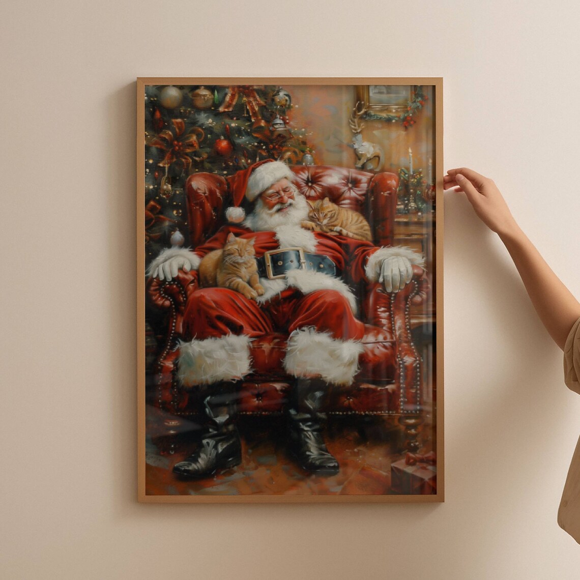 Santa Claus Sleeping in Armchair With Two Ginger Cats Christmas Poster - Image 2