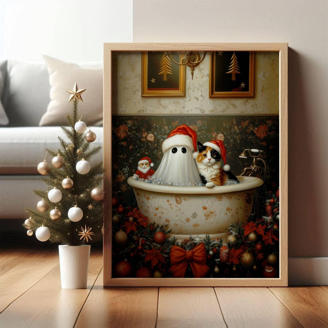 Ghost And Calico Cat Christmas Poster, Whimsical Decor - Image 2