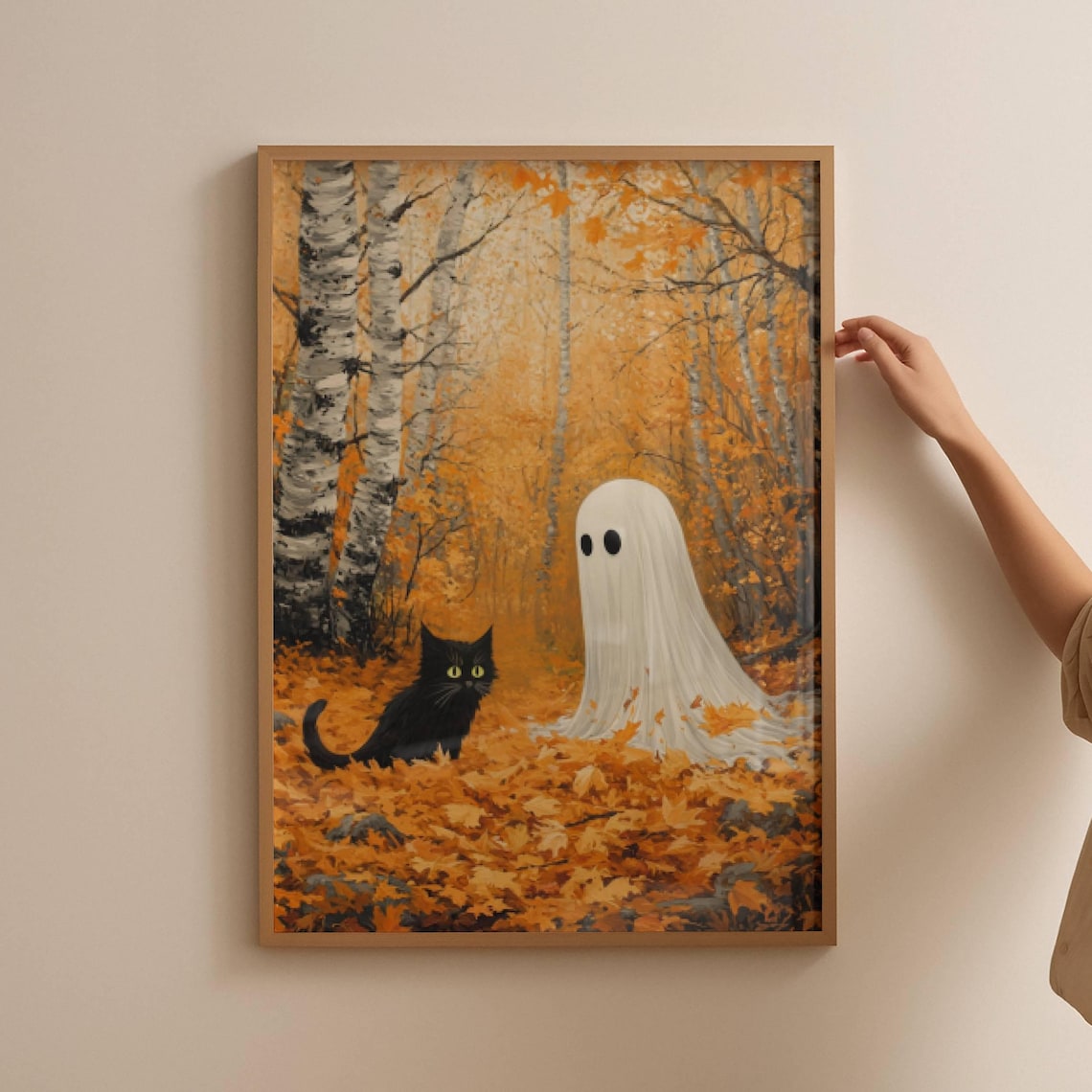 Ghost And Cat In Autumn Leaves, Whimsigoth Halloween Art Print - Image 2