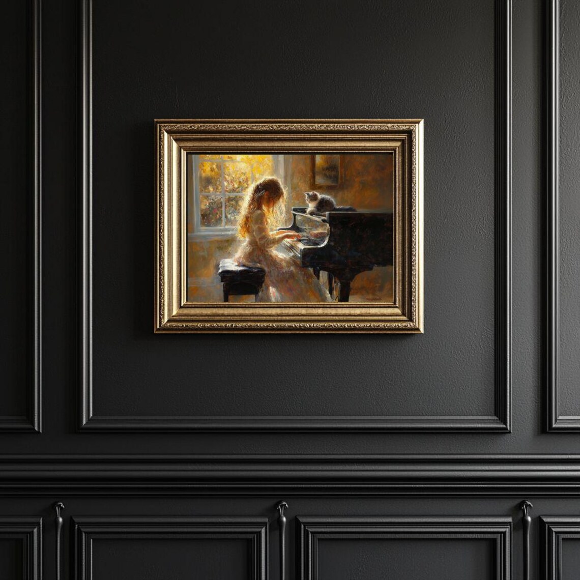 Girl Playing Piano With Her Cat, Music Room Art Print - Image 2