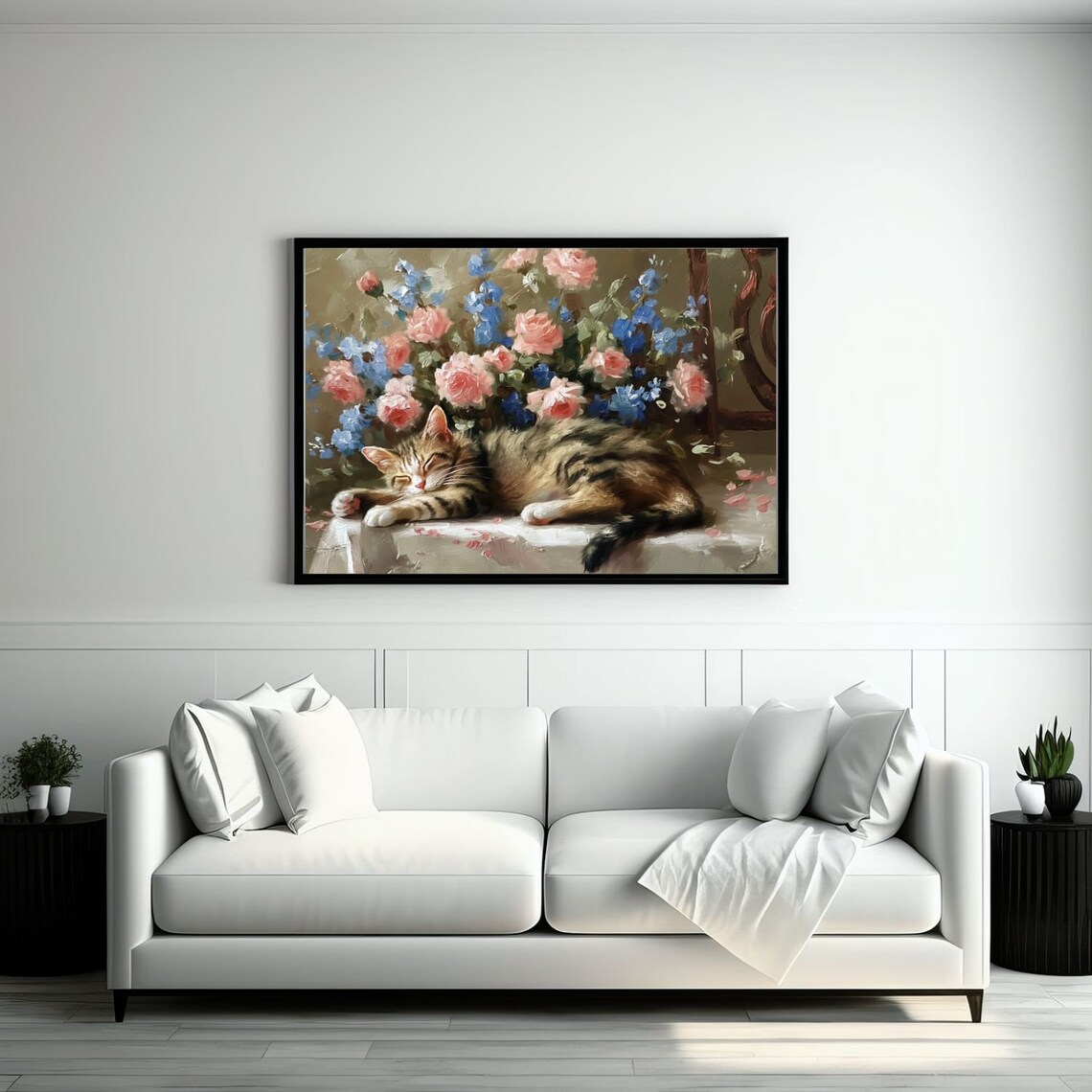 Tabby Cat Sleeping Among Pink Roses and Blue Delphinium Still Life Poster - Image 3