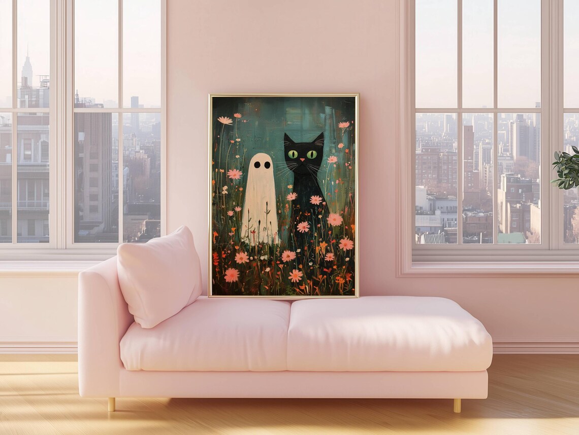 Sweet Ghost and Green-Eyed Black Cat Standing in a Wildflower Meadow Poster - Image 6