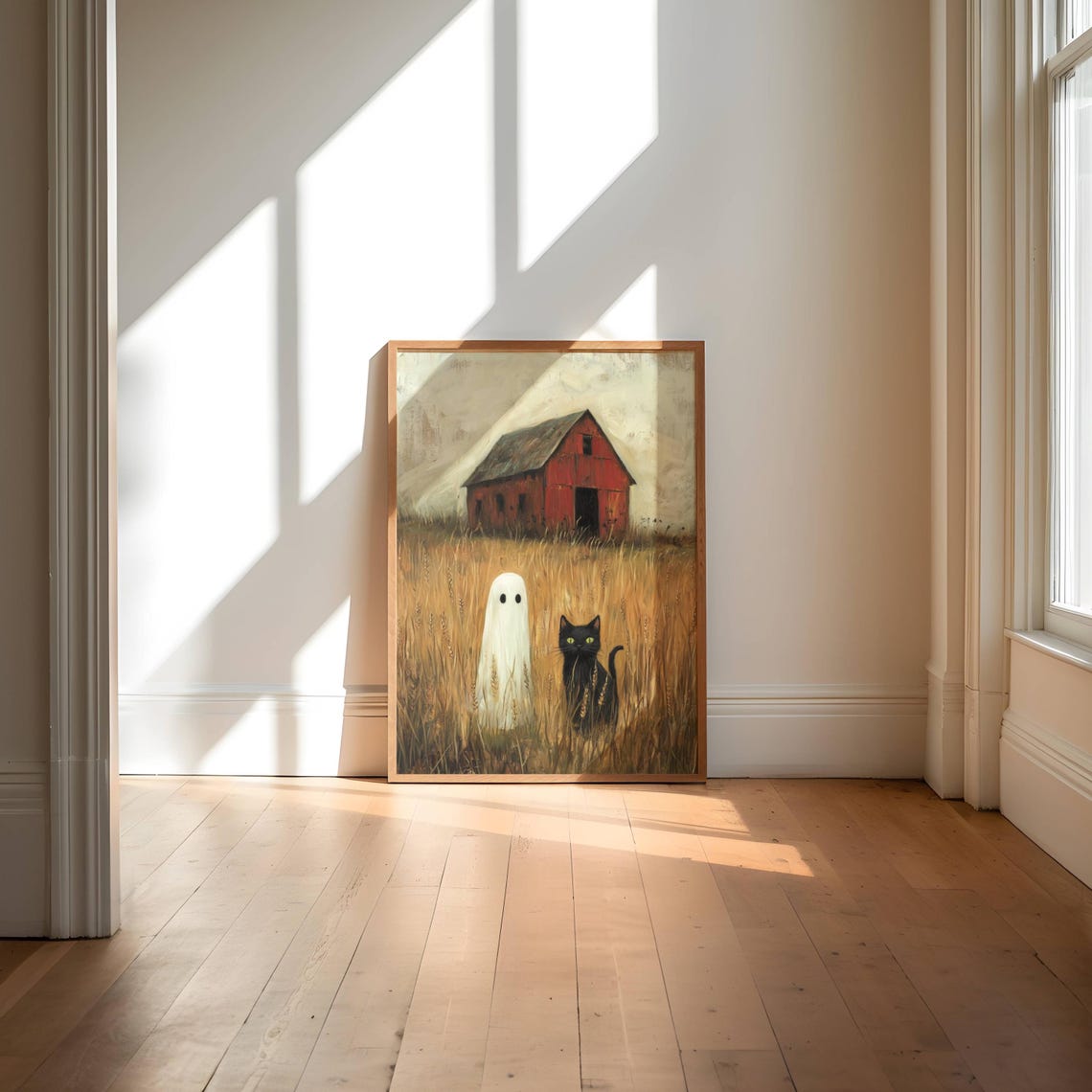 Ghost And Black Cat In A Wheat Field By A Rustic Red Barn Poster - Image 7